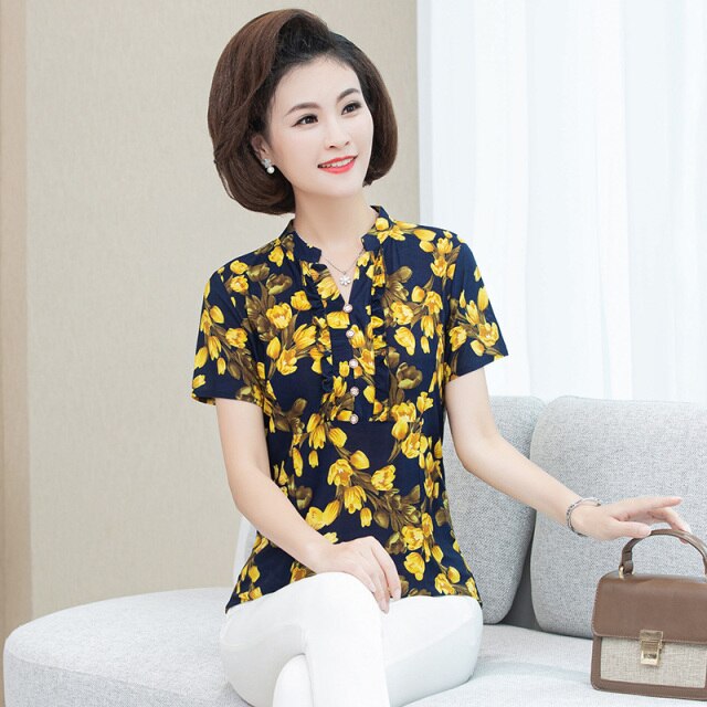 New Plus Size Blouse Women Summer Casual Short Sleeve V-neck Womens Tops and Blouses OL Office Print Shirts Women Clothes