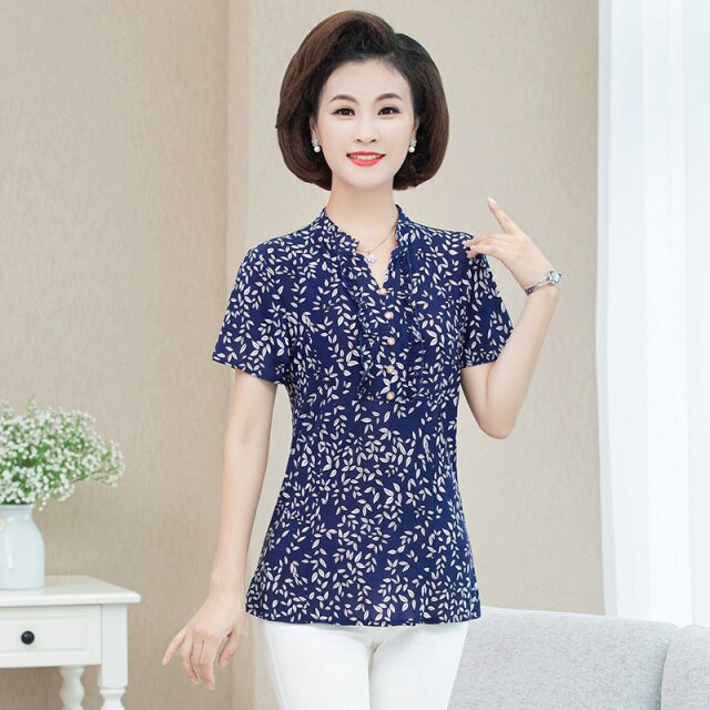 New Plus Size Blouse Women Summer Casual Short Sleeve V-neck Womens Tops and Blouses OL Office Print Shirts Women Clothes