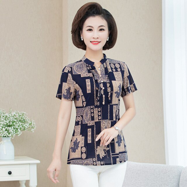 New Plus Size Blouse Women Summer Casual Short Sleeve V-neck Womens Tops and Blouses OL Office Print Shirts Women Clothes