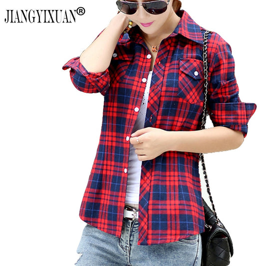 JIANGYIXUAN Casual Button Down Lapel Neck Plaids Checks Flannel Shirts Women Long Sleeve Tops Blouse free shipping S-144