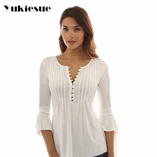 Korea Style Women Blouse Shirts Elegant Ruffles Women Tops Plus Size Flare Sleeve Solid Casual Loose Shirt blusas feminina