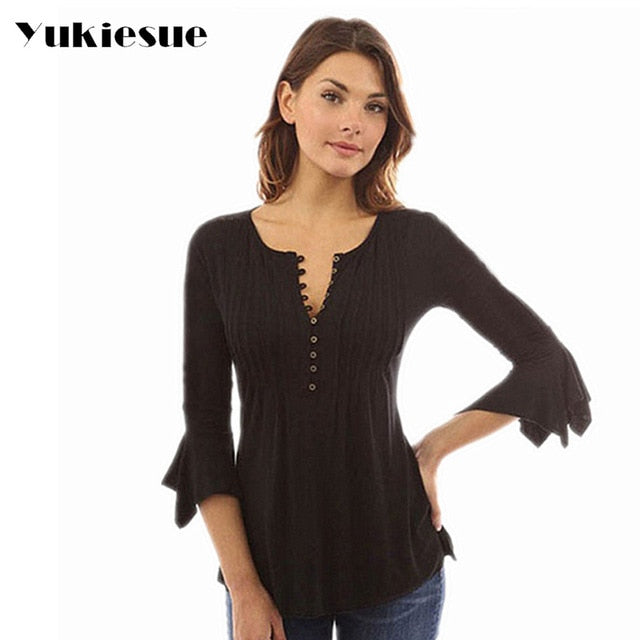 Korea Style Women Blouse Shirts Elegant Ruffles Women Tops Plus Size Flare Sleeve Solid Casual Loose Shirt blusas feminina