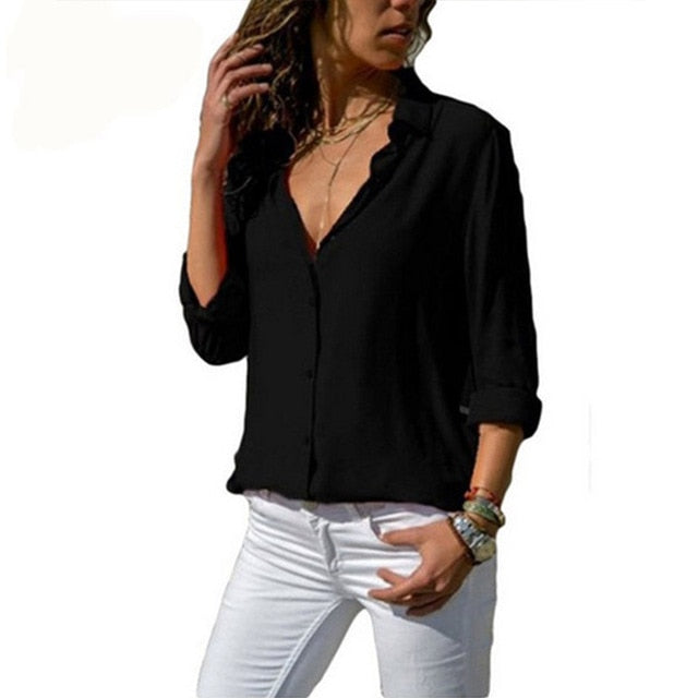 Gentillove Elegant Long Sleeve Solid V-Neck Chiffon Blouse Summer Women Tops Female Office Shirts Plus Size 3XL