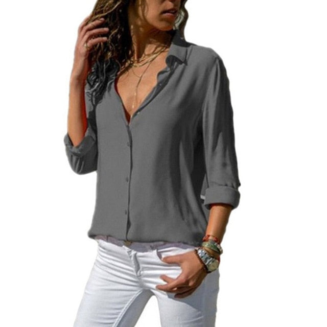 Gentillove Elegant Long Sleeve Solid V-Neck Chiffon Blouse Summer Women Tops Female Office Shirts Plus Size 3XL