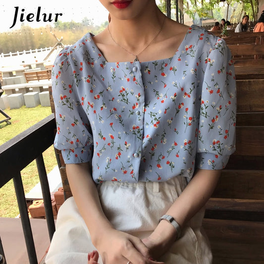 Jielur Shirts Women Korean Style Loose Floral Print Square Collar Short Sleeve Shirt Summer Casual Vintage Blouse Camiseta Femme